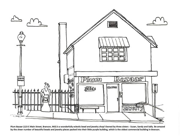 Black and white sketch of Plum Bazaar bead and jewelry shop on Main Street.