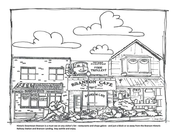 Black and white sketch of Historic Downtown Branson with shops and a cafe.