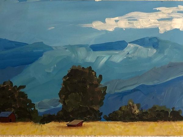 Painting of a rural landscape with trees, mountains, and a cloudy sky.