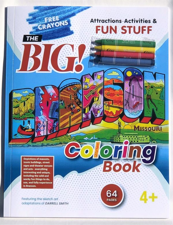 Coloring book featuring Branson, Missouri attractions with free crayons.