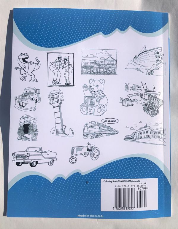 Back cover of a juvenile coloring book featuring various black and white sketches.