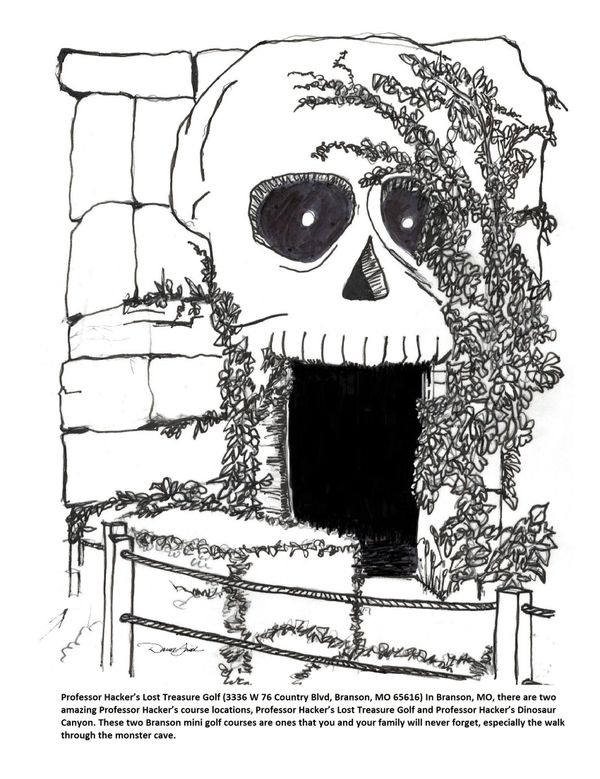 Illustration of a skull-shaped cave entrance covered in vines at a mini golf course.