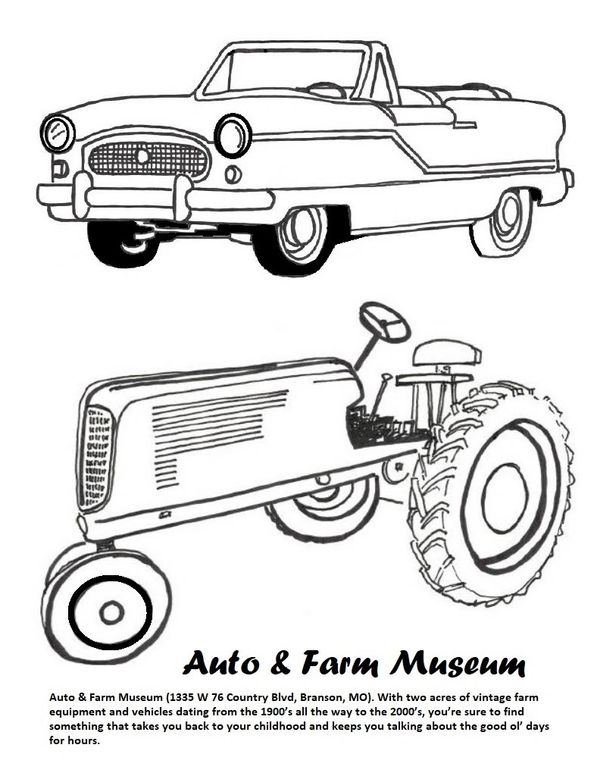 Vintage car and tractor sketches promoting the Auto & Farm Museum in Branson, MO.