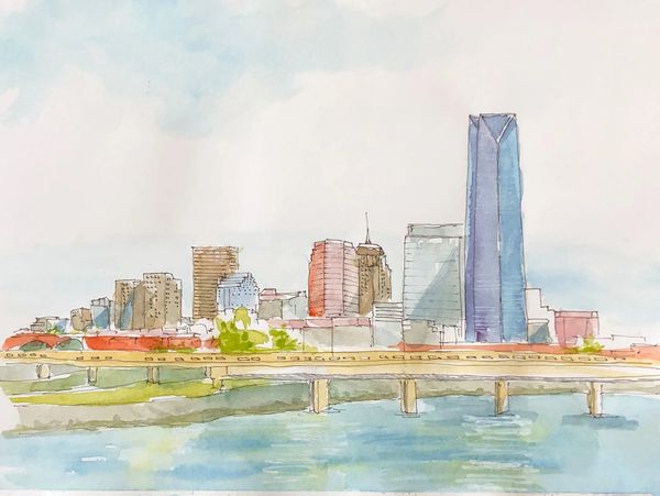 Skyline view of Oklahoma City from the Oklahoma River.