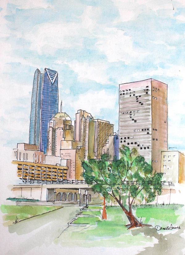 Skyline of Oklahoma City with tree. OKC
