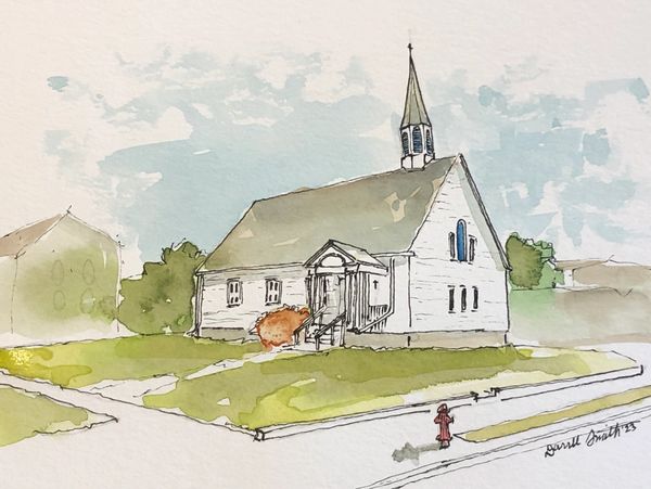 Watercolor sketch of a white church with a steeple on a grassy corner lot.