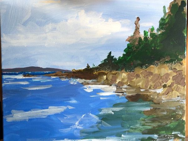 A serene coastal landscape painting with blue waters, rocky shore, and green trees under a cloudy sky.