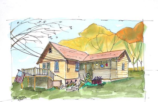 Watercolor sketch of a cozy house with autumn trees and an American flag.
