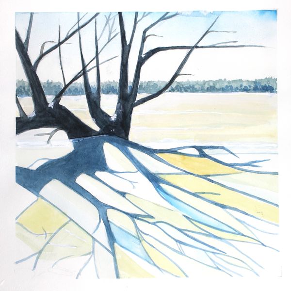 Watercolor painting of bare trees casting long shadows on snow.