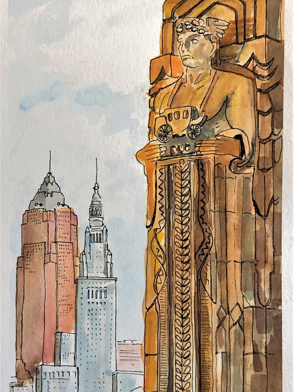 Watercolor sketch of a cityscape with a detailed statue and skyscrapers.