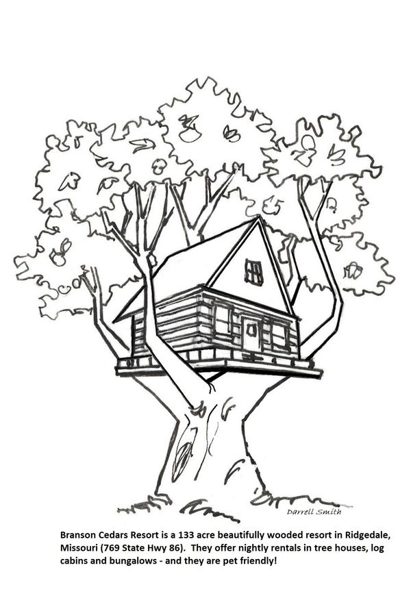 Sketch of a treehouse nestled among tall branches with lush foliage.