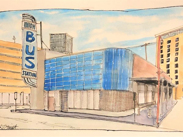 Watercolor sketch of a Union Bus Station building in an urban setting.