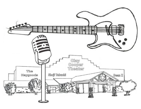 Line drawing of a guitar, microphone, and theater with performer names.
