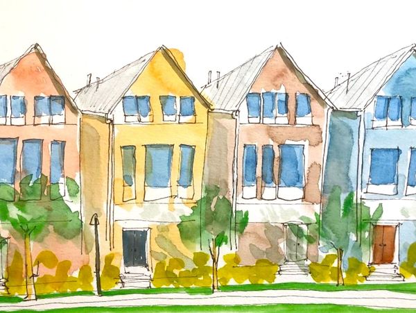 Loose sketch of colorful houses in the Wheeler District of Oklahoma City, OK. Watercolor - print on