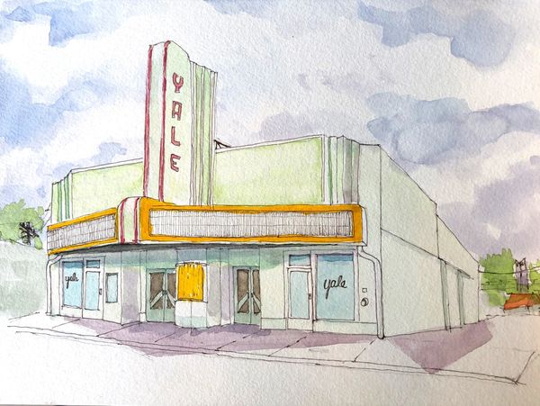 Watercolor painting of a vintage Yale theater building with a tall sign.