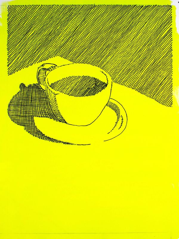 Black ink drawing of a teacup and saucer on a bright yellow background.