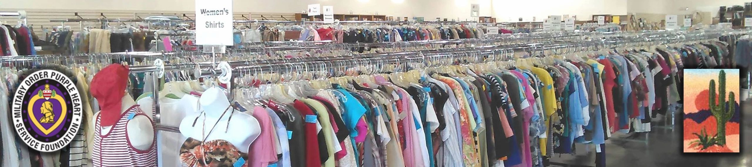 Thrift store with rows of clothing racks