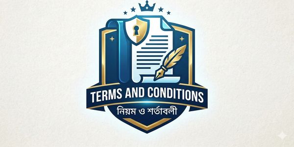 Illustration of terms and conditions with a scroll, feather pen, and shield emblem.