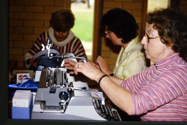 Council Chambers Exhibition 1983 Preparing and typing catalogue Pauline, Desi & Marie