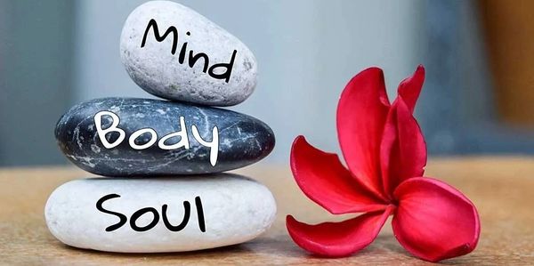 Stacked stones labeled Mind, Body, Soul with a red flower.