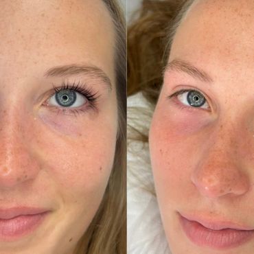 Lash lift and tint before and after on blue eyes