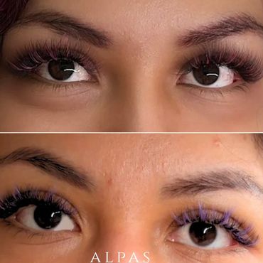 Full set eyelash extensions with purple color lash accents