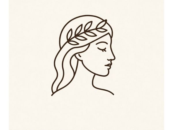 Minimalist line art of a woman's profile with a laurel wreath.