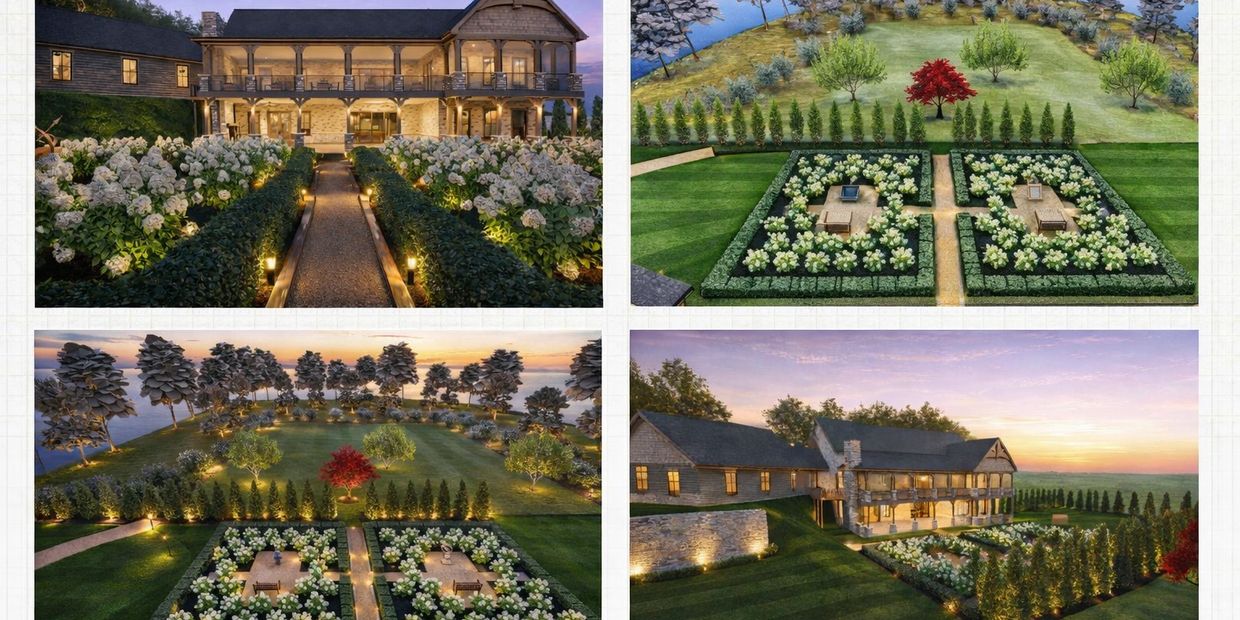Elegant house with illuminated garden pathways and symmetrical flower beds at sunset.