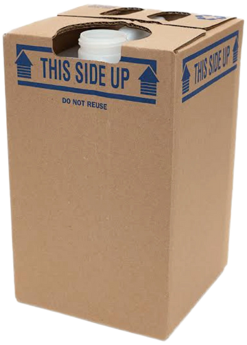 Cardboard box labeled 'This Side Up' with a plastic container inside.