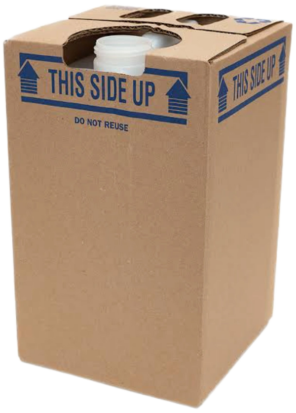Cardboard box labeled 'This Side Up' with a plastic container inside.