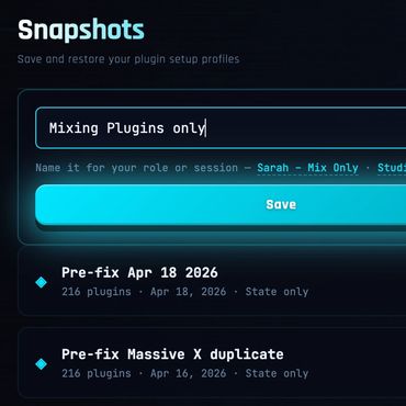 Interface for saving and restoring plugin setup profiles with options to save, restore, inspect, or delete.