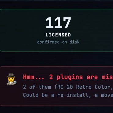Software license status showing 117 licensed, 18 free, 79 unverified, and 2 missing plugins.