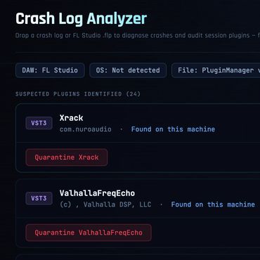 Crash Log Analyzer showing high severity plugins Xrack and ValhallaFreqEcho quarantined on FL Studio.