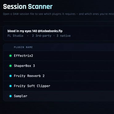 DAW session scanner showing installed and built-in plugins for a music project.