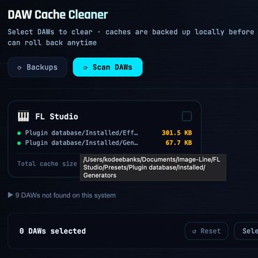DAW Cache Cleaner interface showing FL Studio cache details and options to scan and clear caches.