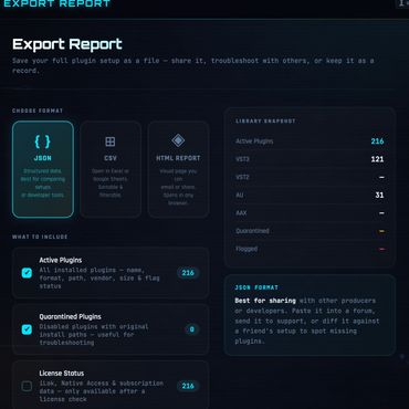 Export Report interface for saving plugin setups in JSON, CSV, or HTML formats.