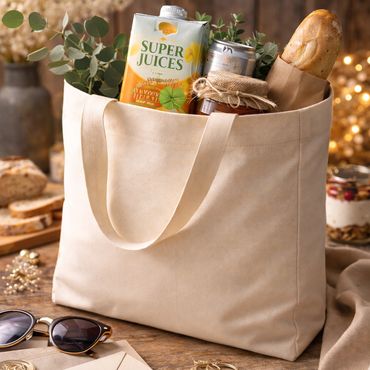 Canvas tote bag filled with groceries and accessories on a wooden table.