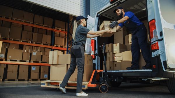 Two workers unloading boxes from a van inside a warehouse.