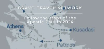 Map highlighting Apostle Paul's 2024 travel route through Athens, Kusadasi, and Patmos.