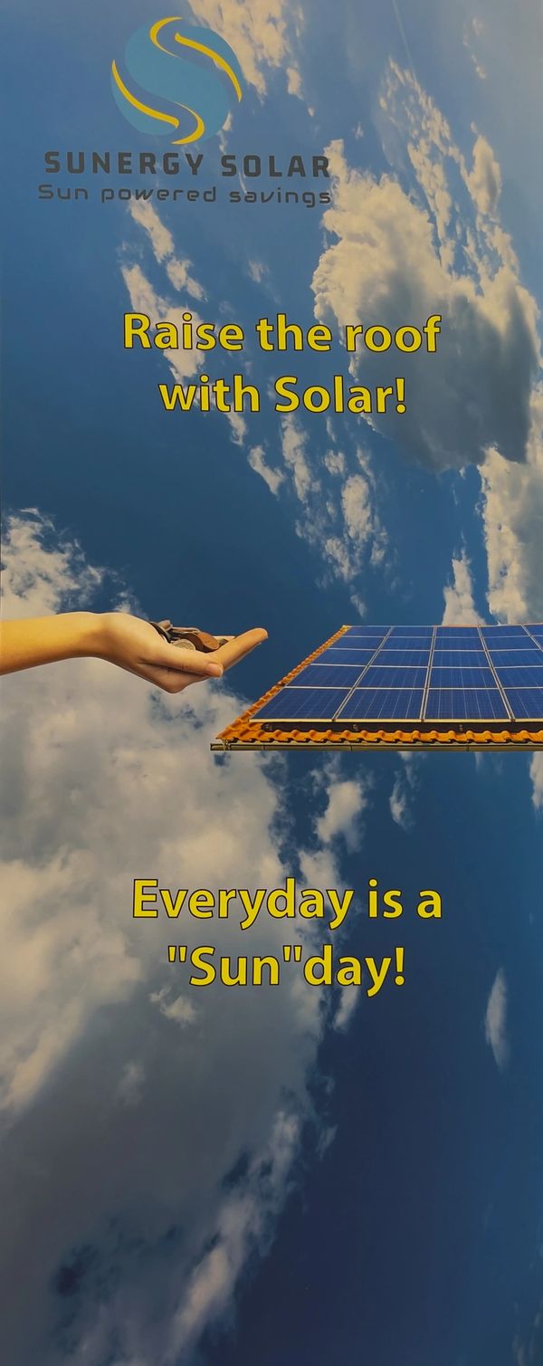 Hand holding coins. Solar panels on a roof. Sunergy Solar logo.
