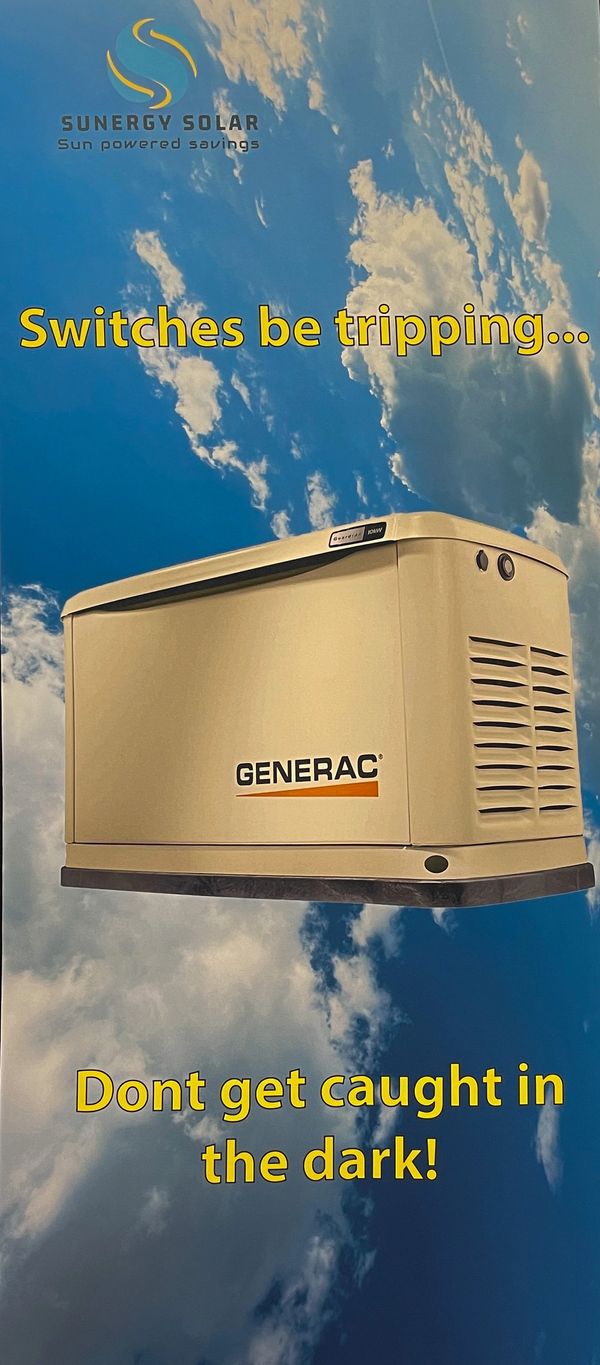 Generac Generator floating in the sky. Sunergy Solar logo.