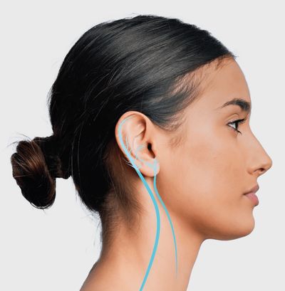 Profile of a woman with an earbud and blue wire.