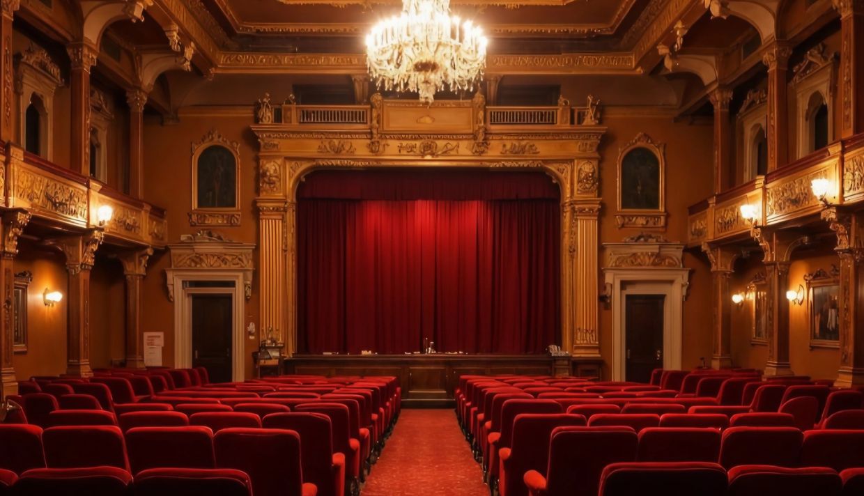 Elegant vintage theater with red seats and chandelier.
