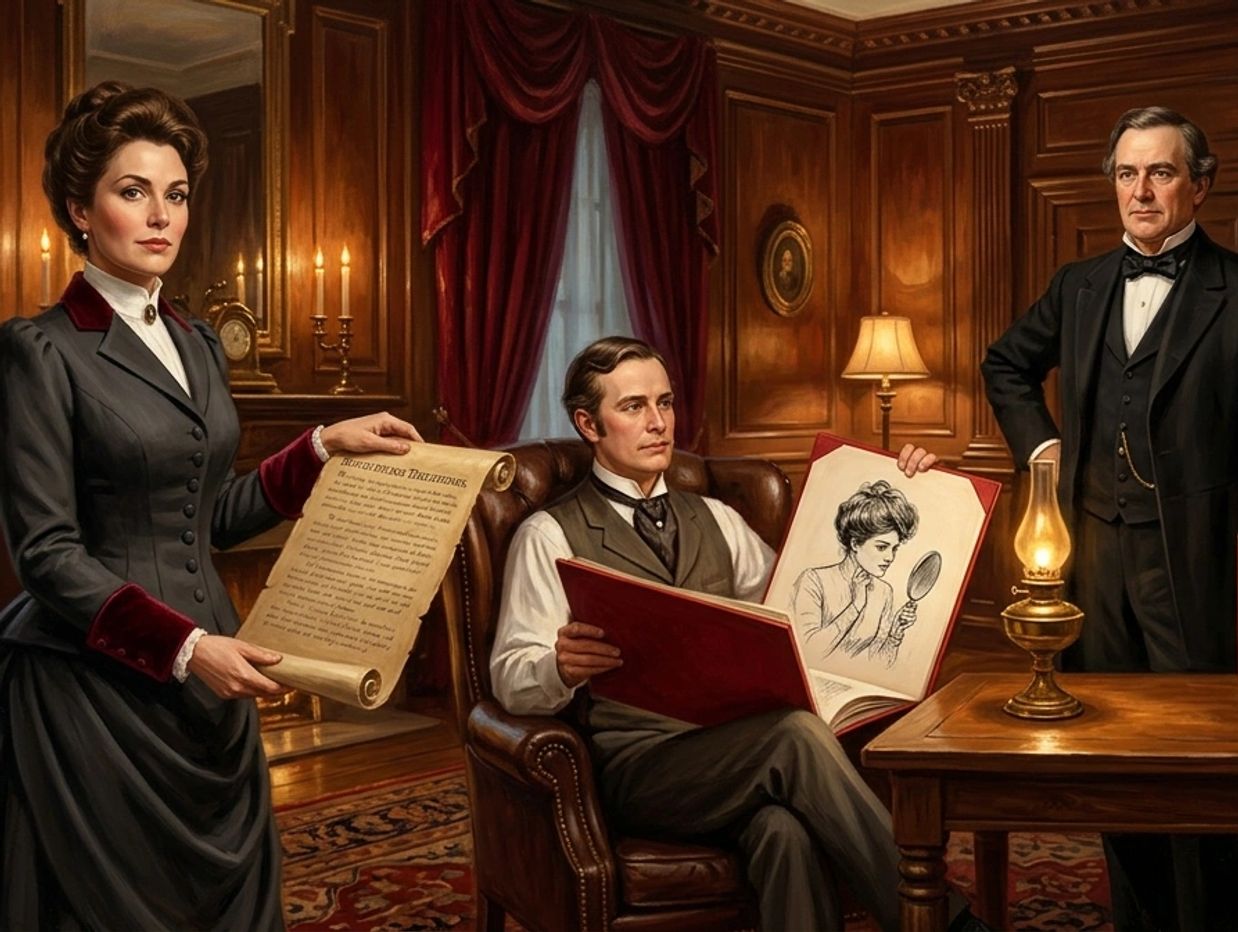 Three Victorian era individuals in formal attire in a wood-paneled room.