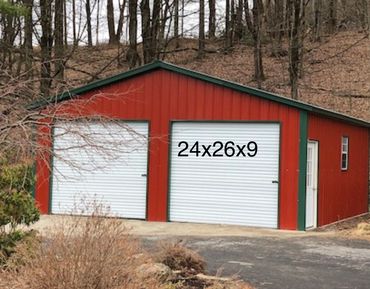 Red prefab 24x26x9 2 car metal garage, built with high quality steel for Cortland County, NY area