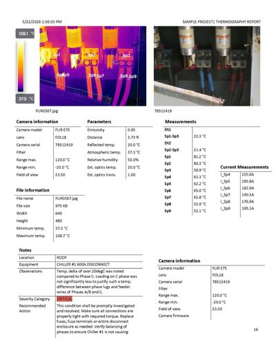 Thermographic image showing temperature variation in electrical components with detailed measurements and analysis.
