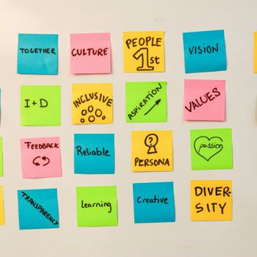 Colorful sticky notes with motivational and teamwork words on a whiteboard.