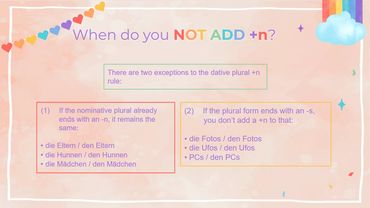 Image of text with pink background. Title above text: "When do you NOT ADD +n?"