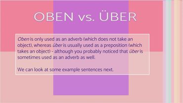 Pink and purple page with text. Title above text: "Oben vs. Über"
