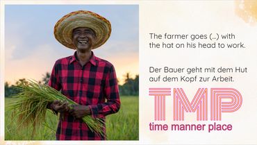 Image of a farmer with a hat holding grain. To the right of the image is text.